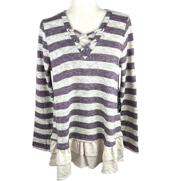 NEW Doe & Rae Lavender and Cream Striped Sweater Ruffle Hem Lace Neck Size M - Picture 1 of 6